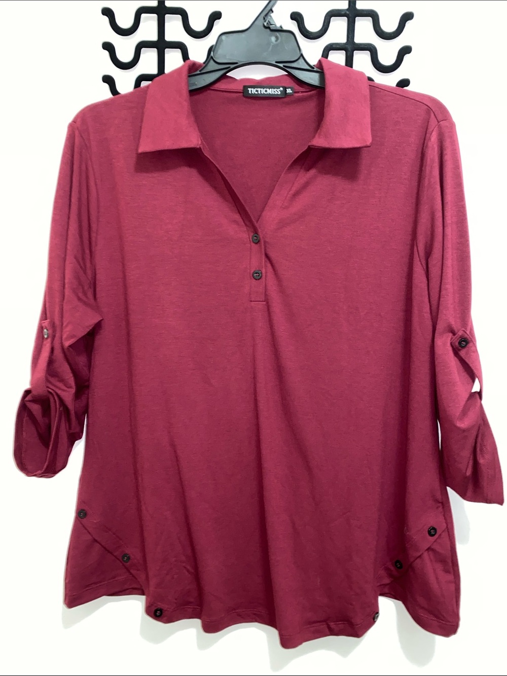 Women's Burgundy Collared Button-Front Top